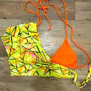 Shein Womens Bikini Top with Half Shirt Cover up Large Neon Yellow Orange